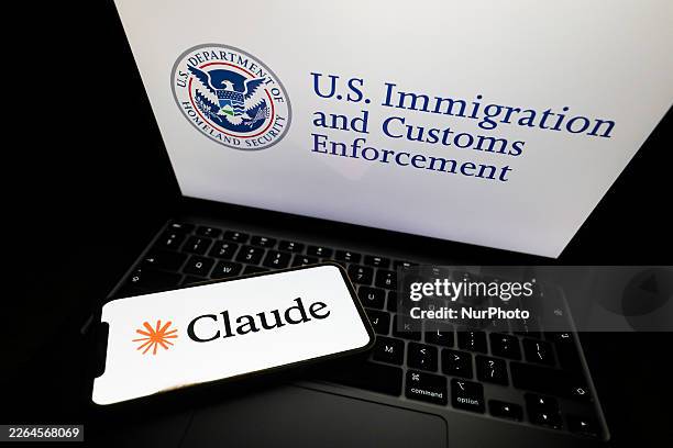 The Claude logo appears on a phone, and the U.S. Immigration and Customs Enforcement logo is displayed on a laptop in Krakow, Poland, on March 6,...