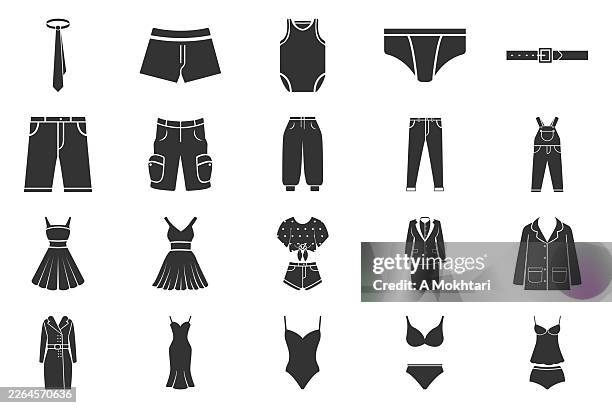 ilustraciones, imágenes clip art, dibujos animados e iconos de stock de set de iconos de ropa y ropa interior. - traje de baño