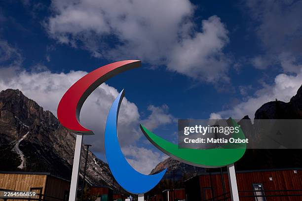 Views of Paralympic logo during the athlete village media day prior the Milano Cortina 2026 Winter Paralympic Games on March 03, 2026 in Cortina...