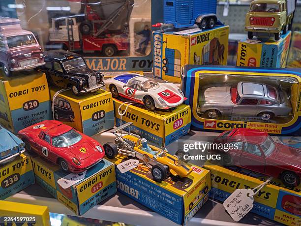 Collectable vintage Corgi toy cars on sale at Hungerford Antiques Arcade, England, UK.