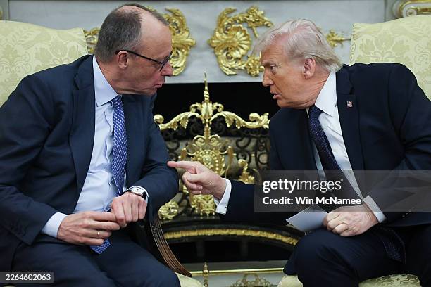 President Donald Trump meets with German Chancellor Friedrich Merz in the Oval Office of the White House, March 3, 2026 in Washington, DC. Trump and...