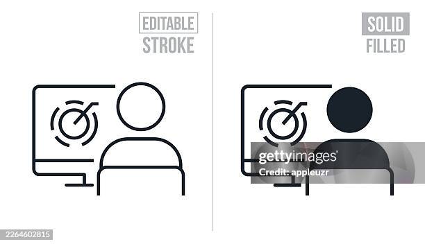 engineer working on a project at a computer - editable stroke and solid icons - female engineer computer stock illustrations