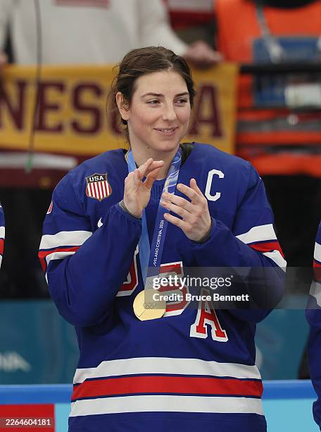 Hilary Knight of Team United States celebrates following the Women's Gold Medal match between the United States and Canada on day 13 of the Milano...