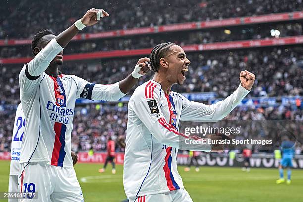 Noah Nartey of Olympique Lyonnais celebrates his goal during the Ligue 1 McDonald's match between Lyon and Lille at Groupama Stadium on February 1,...