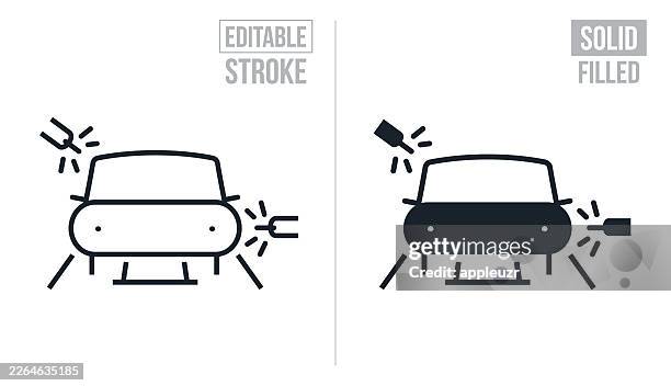 car being welded during manufacturing - editable stroke and solid icons - welding torch stock illustrations