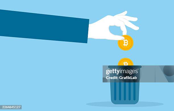 hand throwing bitcoin into a trash can and cryptocurrency investment loss - holding can isolated stock illustrations
