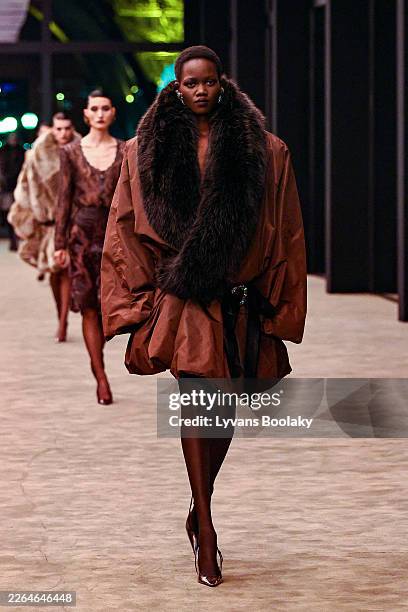 Model walks the runway during the Saint Laurent Womenswear Fall/Winter 2026-2027 show as part of Paris Fashion Week on March 03, 2026 in Paris,...