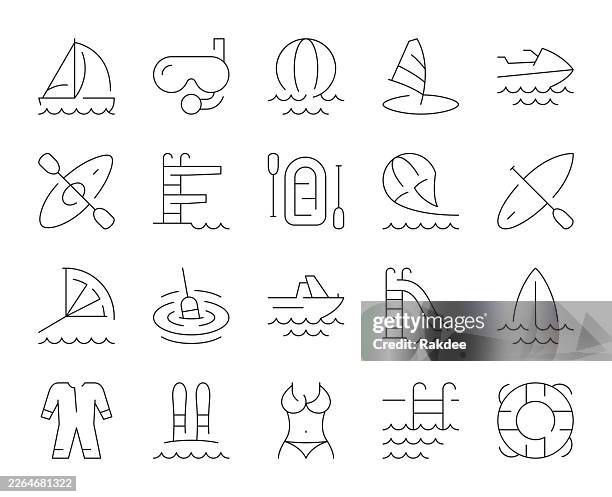 water activity - thin line icons - pontoon boat stock illustrations