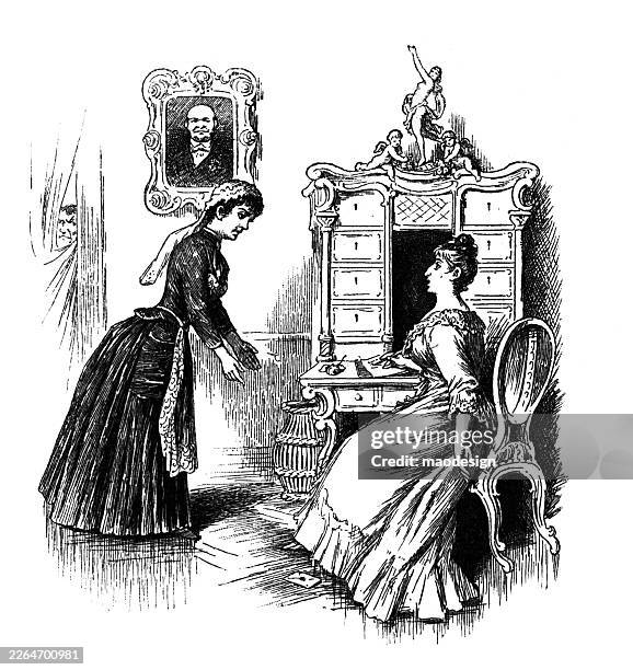 victorian maid bowing to seated lady in elegant interior – 1890 engraving - bowing stock illustrations