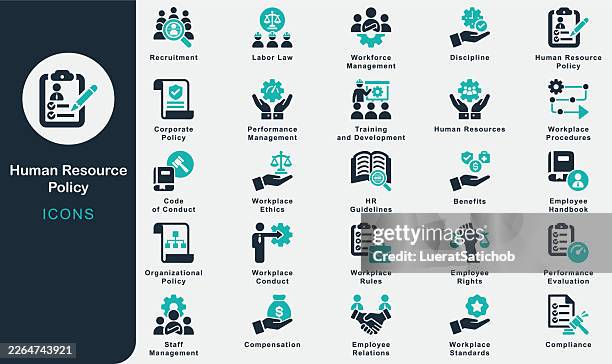 human resources policy solid icons collection.containing human resources, recruitment, hiring, employee benefits, compensation, payroll, performance management, workplace conduct, compliance, labor - performance review stock illustrations