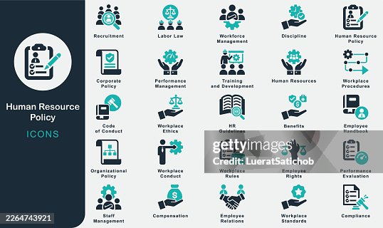Human Resources Policy solid icons collection.Containing human resources, recruitment, hiring, employee benefits, compensation, payroll, performance management, workplace conduct, compliance, labor Human Resources Policy solid icons collection.Containing human resources, recruitment, hiring, employee benefits, compensation, payroll, performance management, workplace conduct, compliance, labor