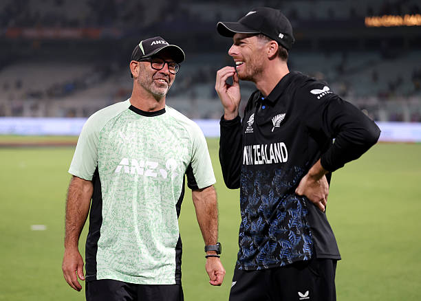 Rob Walter, Head Coach of New Zealand, and Mitchell Santner of New Zealand react after victory in the ICC Men's T20 World Cup India & Sri Lanka 2026...