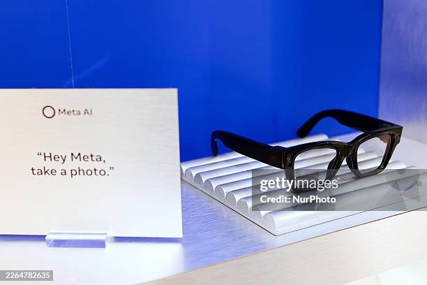 The Ray-Ban Meta Wayfarer Gen 2 smart glasses display at the Meta exhibit during the Fira Gran Via features an upgraded 12-megapixel ultra-wide...