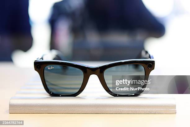 The Ray-Ban Meta Wayfarer Gen 2 smart glasses display at the Meta exhibit during the Fira Gran Via features an upgraded 12-megapixel ultra-wide...