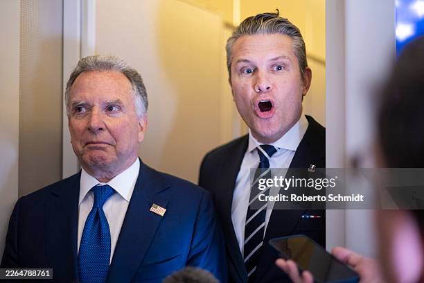 Secretary of War Pete Hegseth answers a question as he, U.S. President Donald Trump and United States Special Envoy to the Middle East Steve Witkoff...
