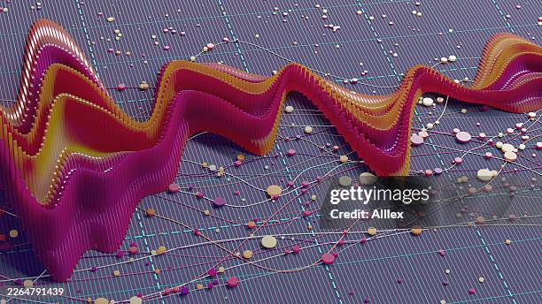3d data visualization waveform and abstract analytics chart with colorful nodes and grid - waveform monitor stock pictures, royalty-free photos & images