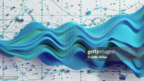 interconnected data wave visualization over grid: abstract analytics, network charts and digital flow - waveform monitor stock pictures, royalty-free photos & images