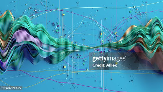 Abstract Interconnected Data Visualization With Colorful Wave Charts, Network Nodes And Digital Analytics Abstract Interconnected Data Visualization With Colorful Wave Charts, Network Nodes And Digital Analytics