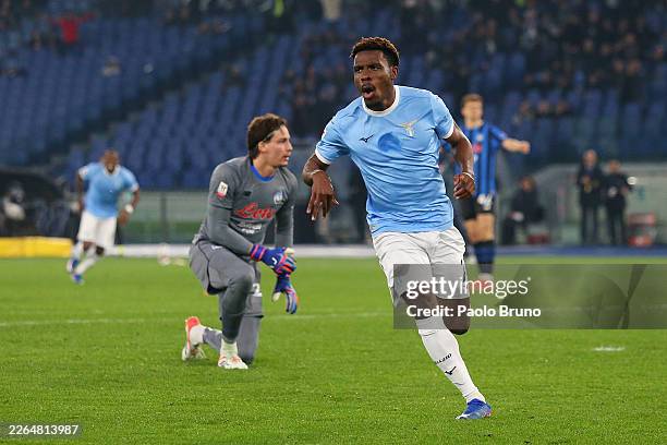 Fisayo Dele-Bashiru of Lazio celebrates scoring his team's first goal during the Coppa Italia match between SS Lazio and Atalanta BC at Olimpico...