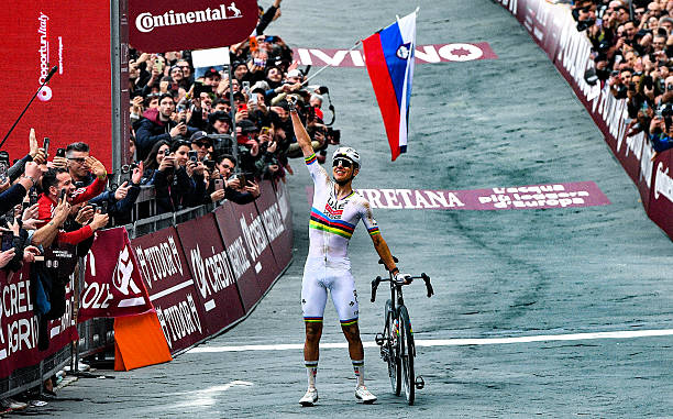 Pogacar Tadej of Team UAE Team ADQ approaches the finish line during the Italy Cycling Strade Bianche Men in Siena, Italy, on March 7, 2026. They...
