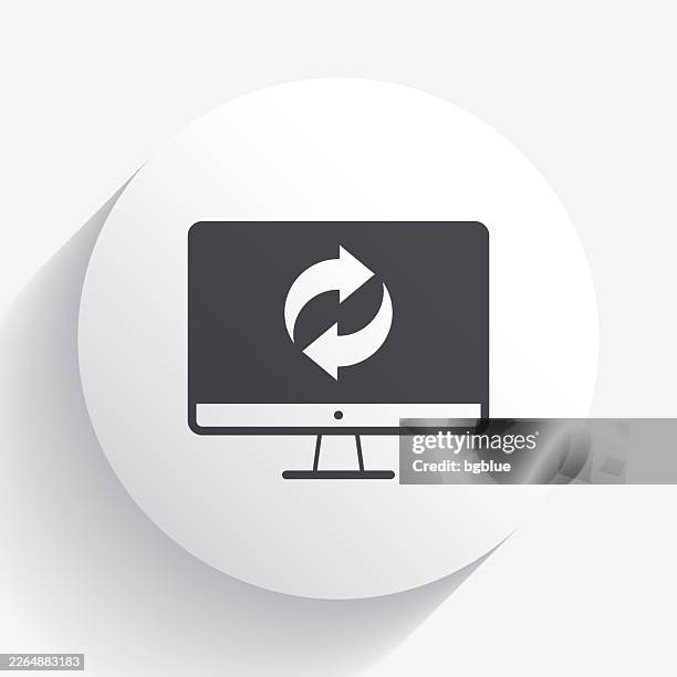 recycle symbol on desktop computer. icon on circle button with long shadow - computer recycling stock illustrations