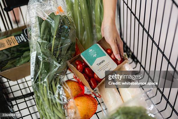 mutter und ihre tochter schieben gemeinsam einen einkaufswagen durch die gänge des supermarkts - biologisch abbaubar stock-fotos und bilder