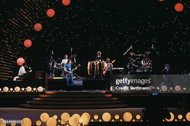 American rock band The Doobie Brothers during rehearsals for 'Night of 100 Stars', a gala benefit for the Actors' Fund of America, at Radio City...