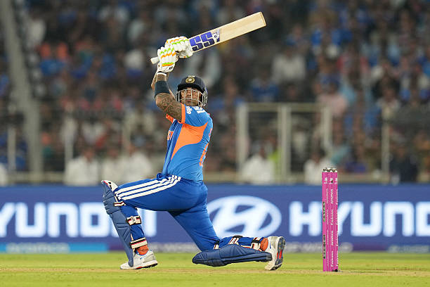 Suryakumar Yadav Captain of India plays a shot during the ICC Men's T20 World Cup India & Sri Lanka 2026 Final between India and New Zealand at...