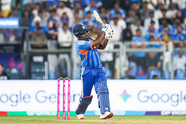 Sanju Samson of India bats during the ICC Men's T20 World Cup India & Sri Lanka 2026 Semi-Final match between India and England at Wankhede Stadium...