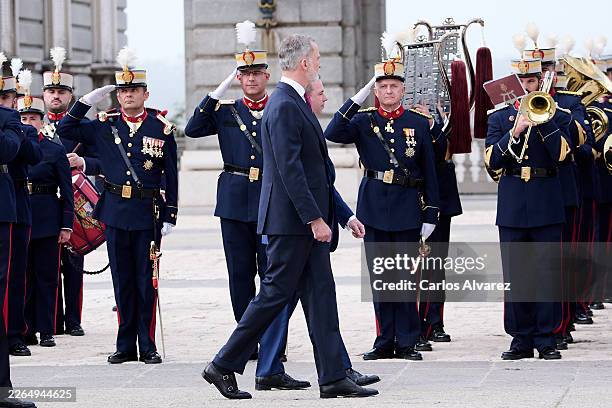 Grand Duke Guillaume of Luxembourg and King Felipe VI of Spain during the reception in honour of The Grand Dukes of Luxembourg at the Royal Palace on...