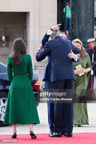 King Felipe VI of Spain and Queen Letizia of Spain receive Grand Duke Guillaume of Luxembourg and Grand Duchess Stephanie of Luxembourg at the Royal...