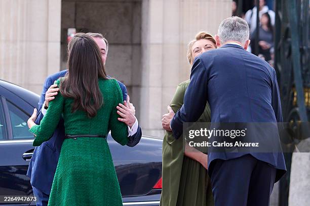 King Felipe VI of Spain and Queen Letizia of Spain receive Grand Duke Guillaume of Luxembourg and Grand Duchess Stephanie of Luxembourg at the Royal...