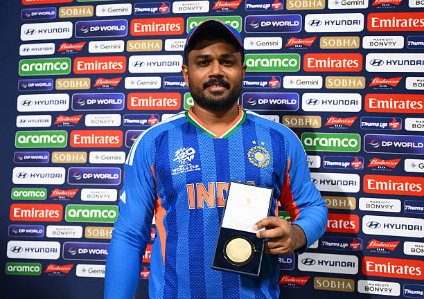Sanju Samson of India poses after being named Player of the Match following ICC Men's T20 World Cup India & Sri Lanka 2026 Semi-Final match between...