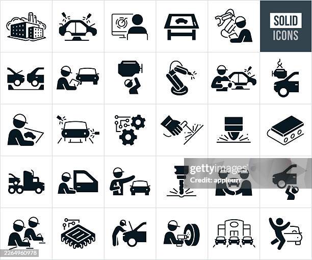 automotive manufacturing solid icons - welding stock illustrations