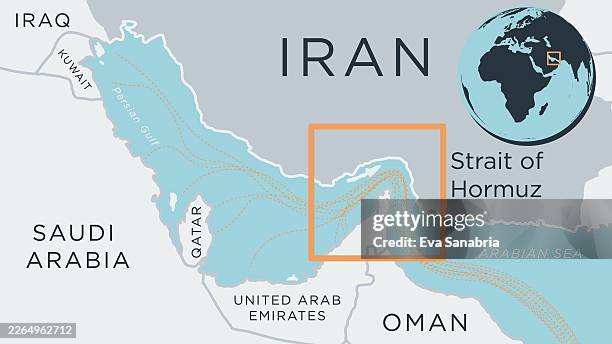 illustrazioni stock, clip art, cartoni animati e icone di tendenza di traffico marittimo nello stretto di hormuz con mappa del mondo - stretto