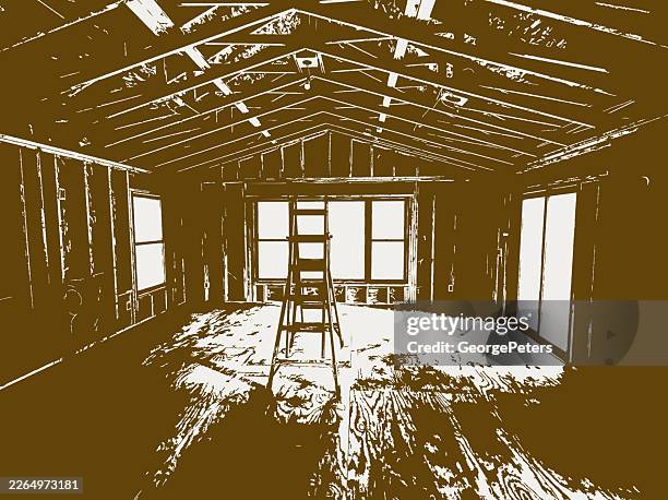 new home construction framing - dark living room stock illustrations