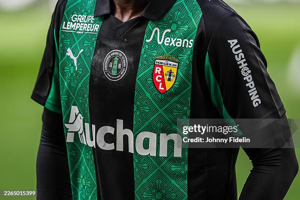 Illustration jersey of Lens tribute to the " Catastrophe de Courrieres " prior the Ligue 1 McDonald's match between Lens and Metz at Stade...