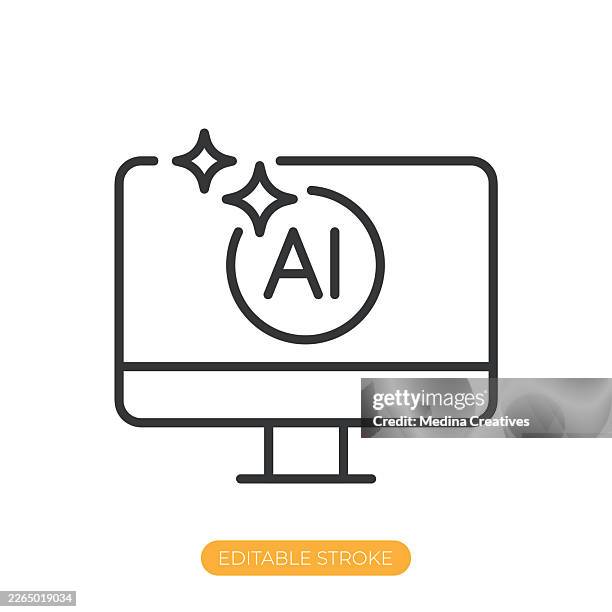 ai-powered computer icon. editable stroke thin line icon - quantum computer chip stock illustrations