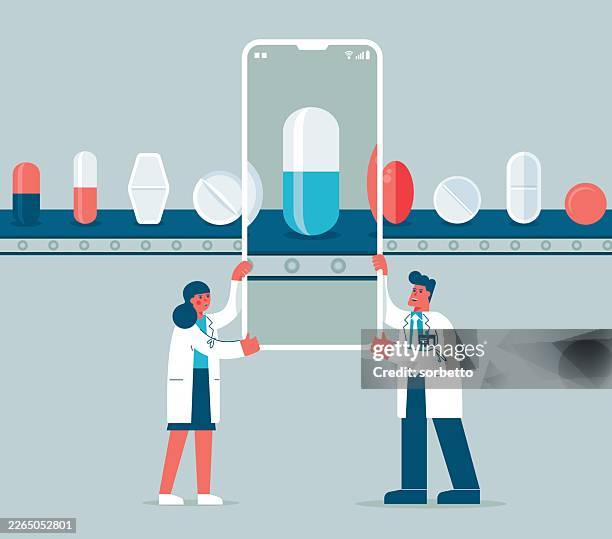 magnifying glass - pill - pharmacy delivery stock illustrations