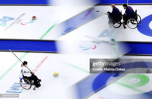 Jason Kean and Joanna Butterfield of Team Great Britain compete during the Wheelchair Curling Mixed Doubles match between Team Great Britain and Team...