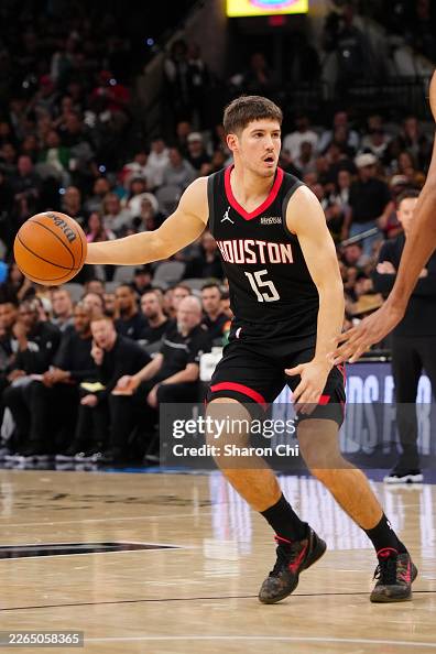 Sheppard Houston Rockets Reed Sheppard of the Houston Rockets dribbles the ball during the ...