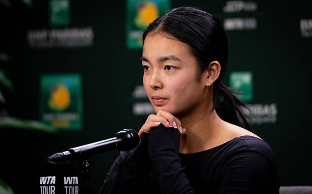 Alexandra Eala of the Philippines talks to the media after defeating Coco Gauff of the United States in the third round on Day 5 of the BNP Paribas...