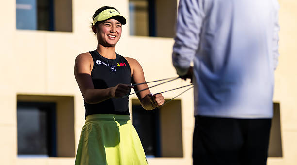 Alexandra Eala of the Philippines warms up before playing against Coco Gauff of the United States in the third round on Day 5 of the BNP Paribas Open...