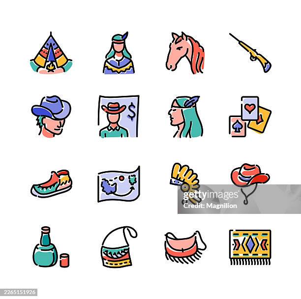 wild west culture editable stroke, hand drawn doodle vector icon set with cowboy, native american, horse, rifle, teepee, hat, cards, map, moccasin and western symbols - teepee stock illustrations