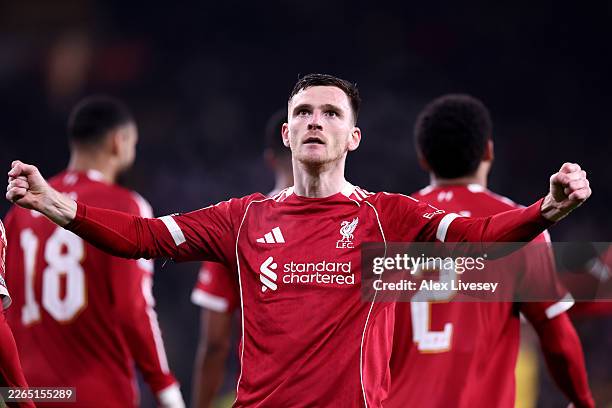 Andrew Robertson of Liverpool celebrates scoring his team's first goal during the Emirates FA Cup Fifth Round match between Wolverhampton Wanderers...