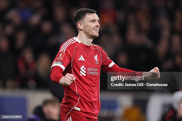 Andrew Robertson of Liverpool celebrates after scoring their side's first goal during the Emirates FA Cup Fifth Round match between Wolverhampton...