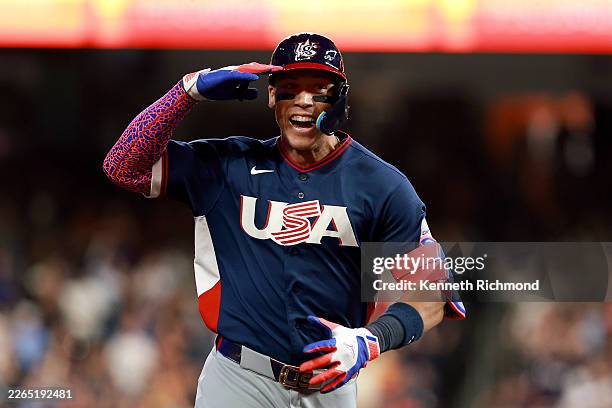 Aaron Judge of the United States celebrates after hitting a two run home run during the first inning against Brazil during the 2026 World Baseball...