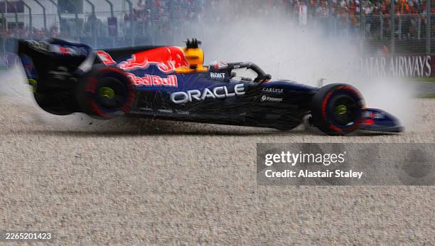 Max Verstappen of the Netherlands driving the Oracle Red Bull Racing RB22 Red Bull Ford crashes out during qualifying ahead of the F1 Grand Prix of...