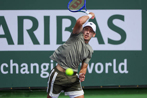 Alex De Minaur hits a forehand during the BNP Paribas Open on March 9, 2026 at Indian Wells Tennis Garden in Indian Wells, CA.