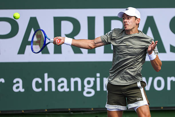 Alex De Minaur hits a forehand during the BNP Paribas Open on March 9, 2026 at Indian Wells Tennis Garden in Indian Wells, CA.